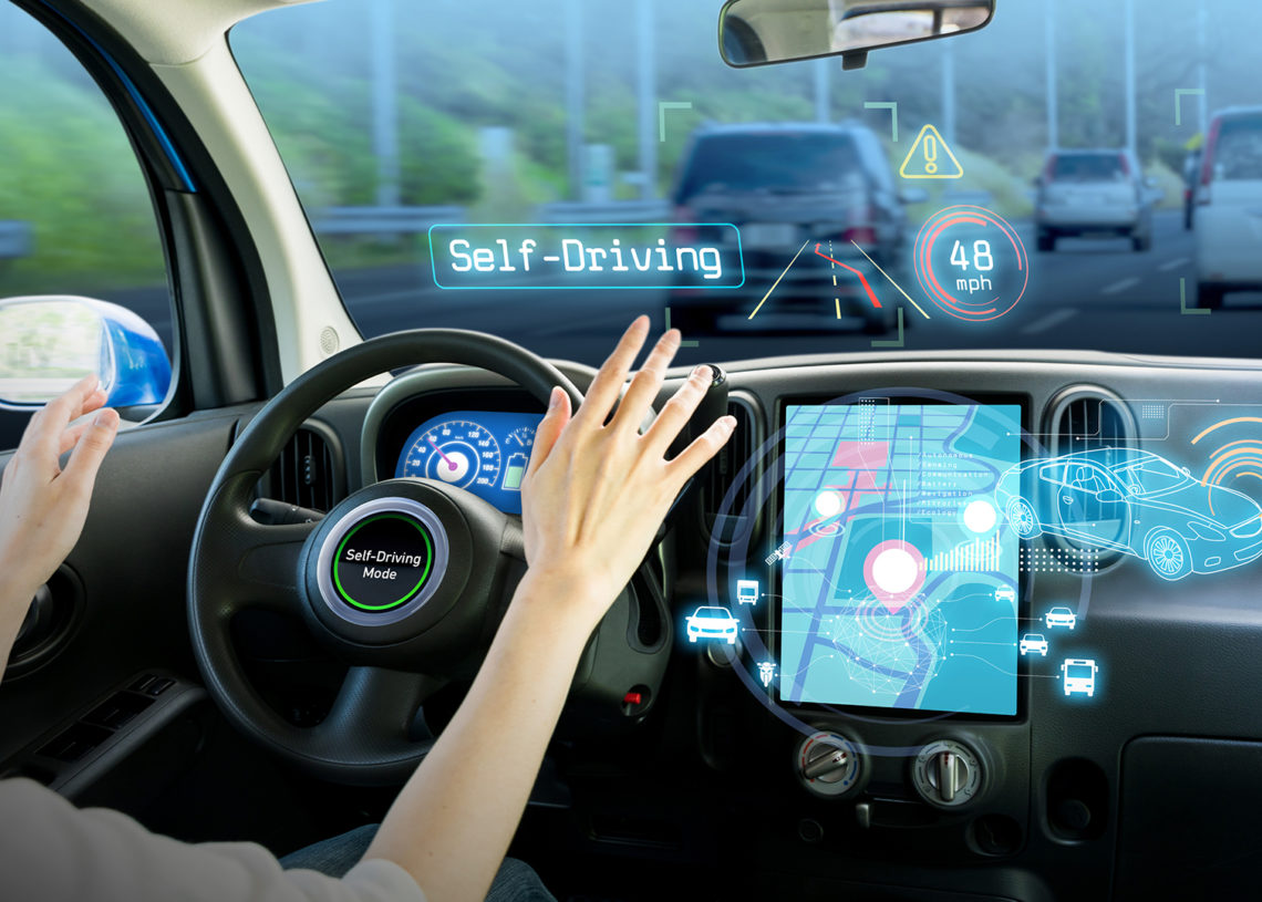 cockpit of autonomous car. self driving vehicle hands free driving.