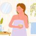 A vector image of woman taking care of her face while applying a cream