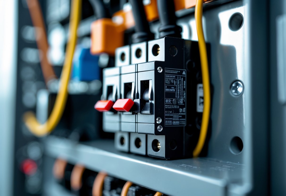 Close-up of a miniature circuit breaker installed inside an electrical panel with visible wiring and switches.