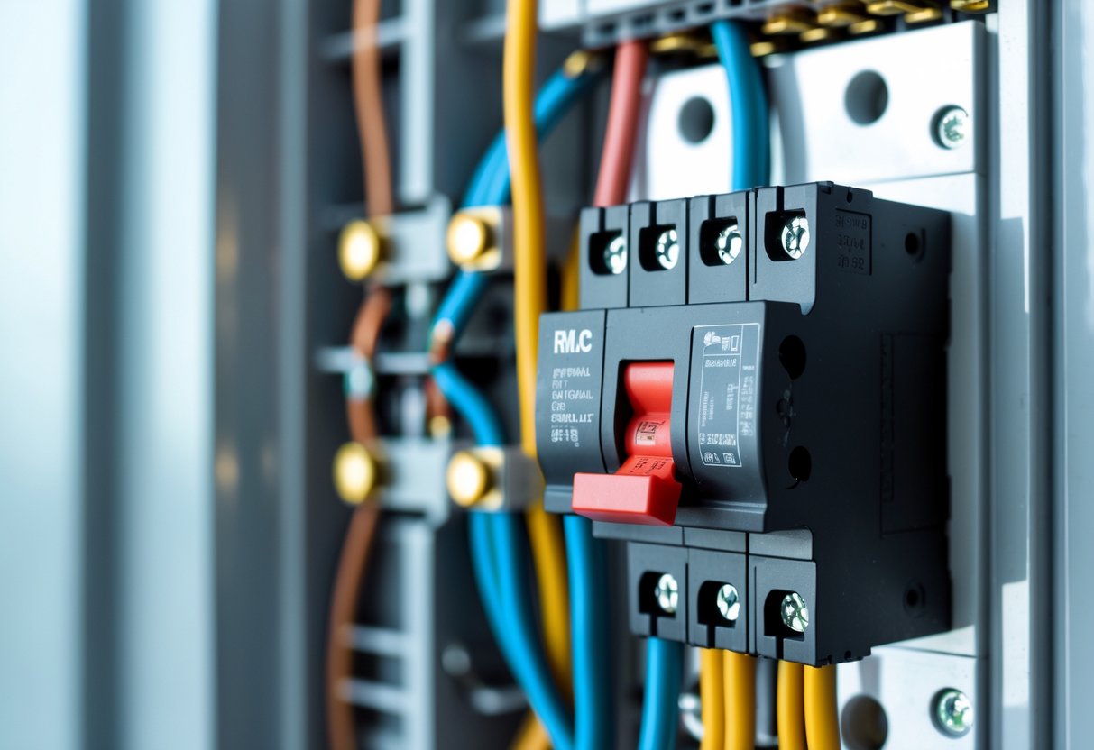 Close-up view of a miniature circuit breaker installed in an electrical panel with connected wires.