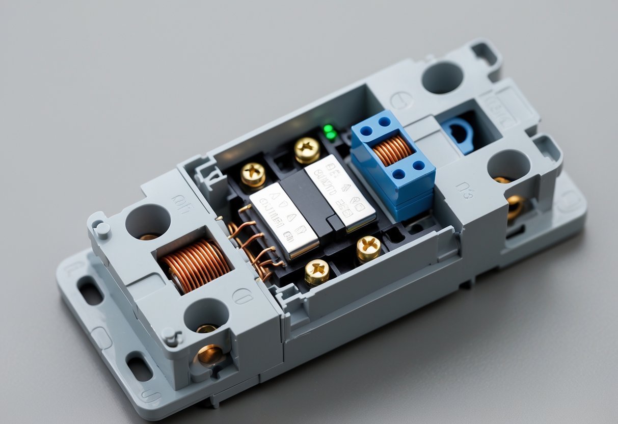Close-up view of the internal components of a miniature circuit breaker showing its construction and parts.